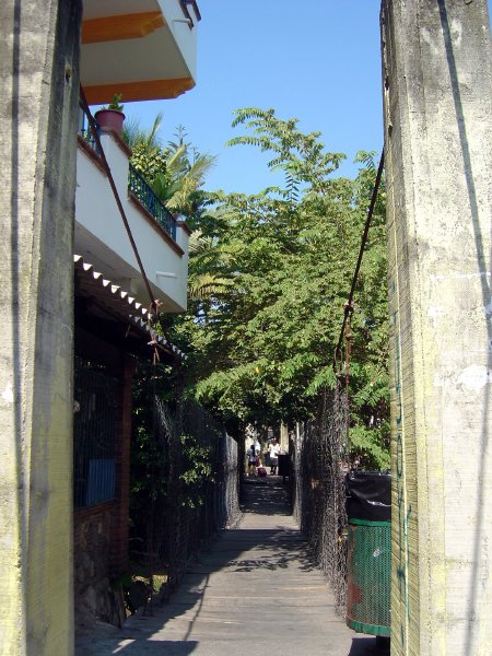 The wobbly bridge leading to the market